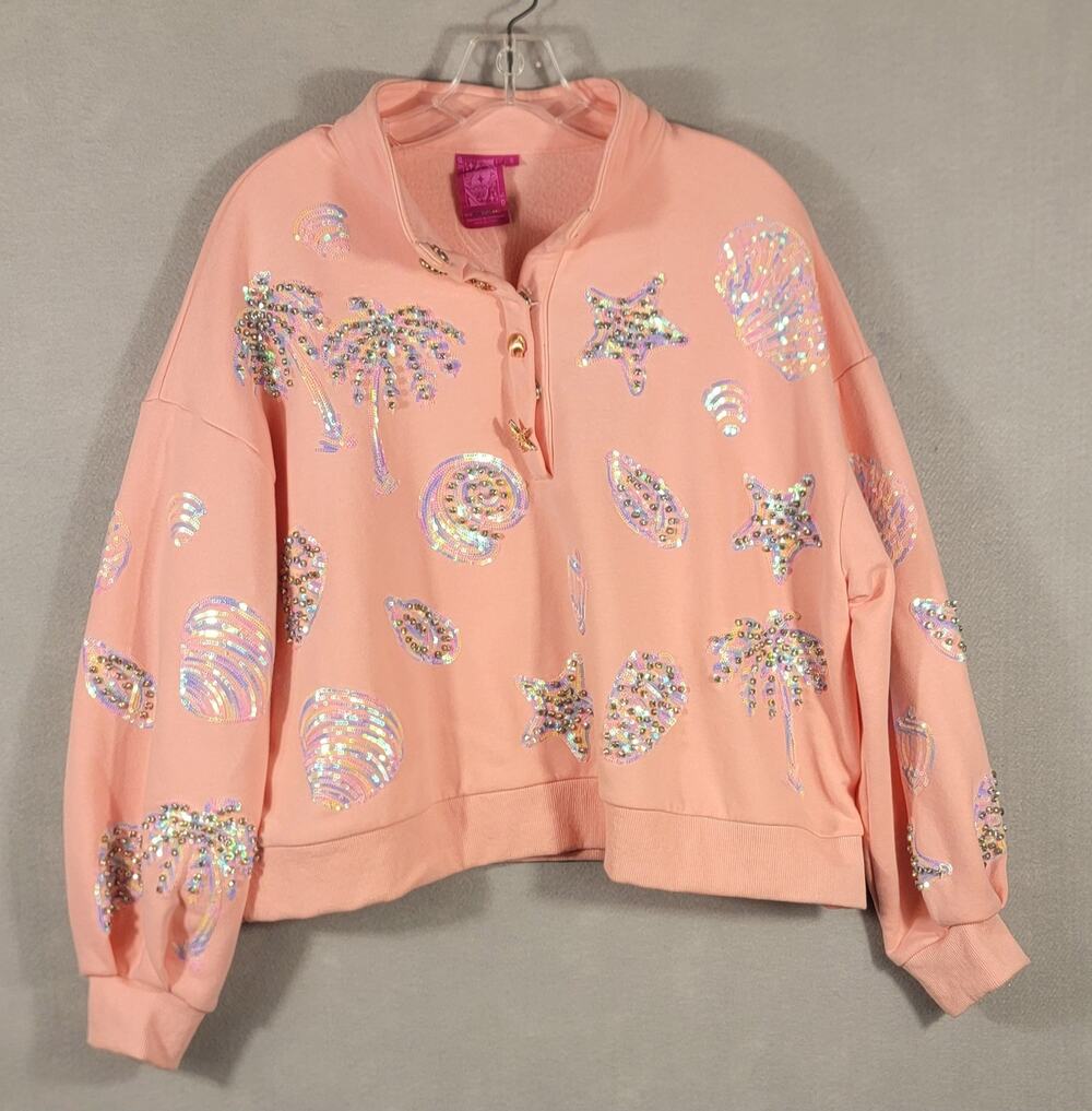Queen of Sparkles Small Pink Multi Shell Sequin Sweatshirt Beach Coastal